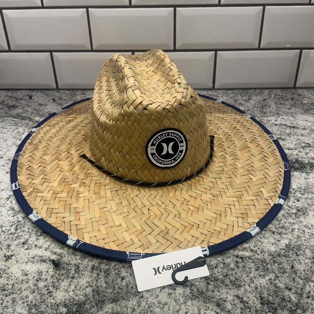 Hurley Mens OS Straw Hat Tan Blue Fish Print Lifeguard Sun Beach Surf Hat